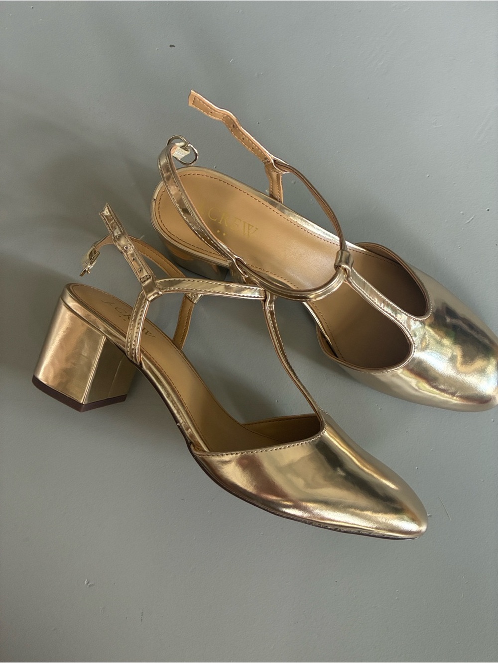 J. Crew Metallic Gold T-Strap Block Heel Sandals
